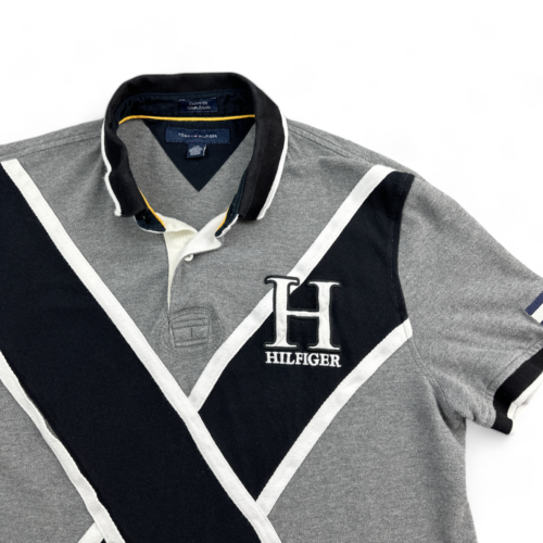 Tommy Hilfiger Polo Shirt Gray Black White Big H Youth LARGE
