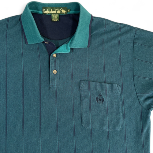 Vintage Knights of Round Table Polo Shirt Green Striped Pocket Crest 90s Adult MEDIUM