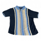 Vintage John Ashford Polo Shirt Blue Brown Stripes Linen Blend 90s Adult MEDIUM