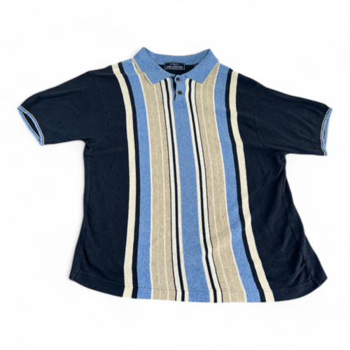 Vintage John Ashford Polo Shirt Blue Brown Stripes Linen Blend 90s Adult MEDIUM
