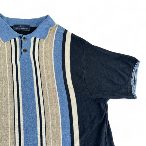 Vintage John Ashford Polo Shirt Blue Brown Stripes Linen Blend 90s Adult MEDIUM
