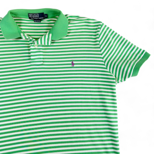 Vintage Ralph Lauren Polo Shirt Green White Stripe Small Pony 90s Adult MEDIUM
