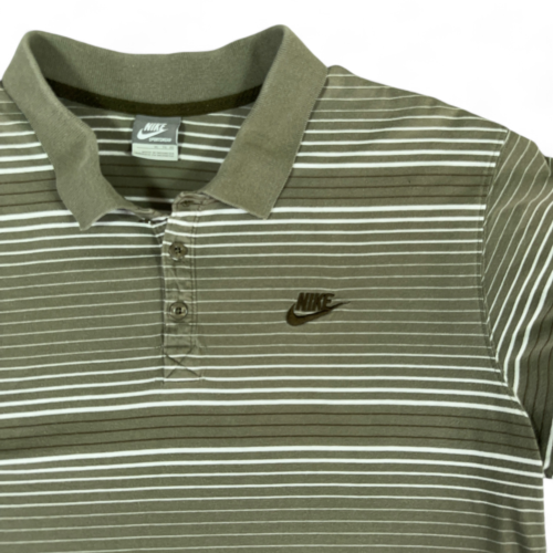 Nike Polo Shirt Brown Striped Spell Out Swoosh Y2K Adult LARGE