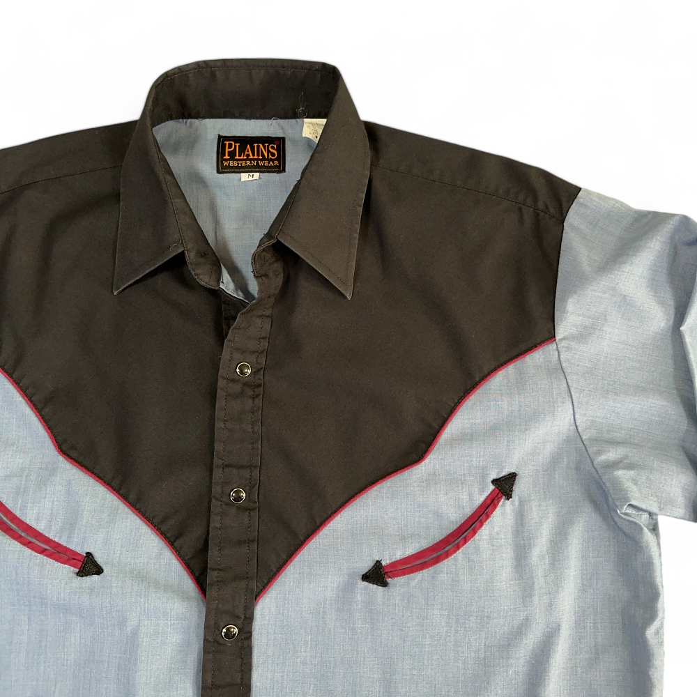 Plains Western Shirt Blue Black Two Tone Smile Pocket Pearl Snap Adult MEDIUM
