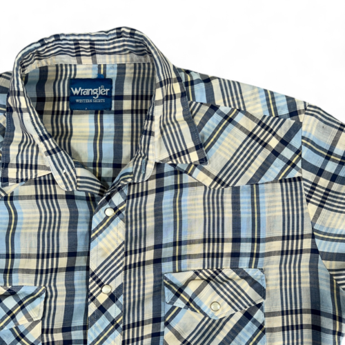 Vintage Wrangler Western Shirt Blue White Plaid Pearl Snap 90s Adult LARGE