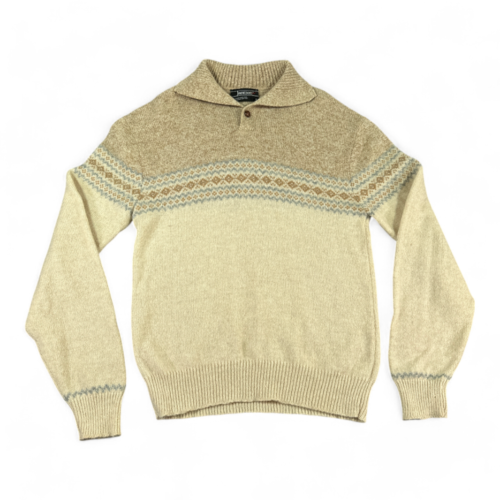 Vintage Jantzen Sweater Cream Brown Fair Isle Mock Neck Collar 70s Adult MEDIUM