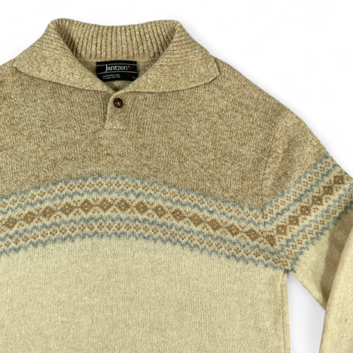 Vintage Jantzen Sweater Cream Brown Fair Isle Mock Neck Collar 70s Adult MEDIUM