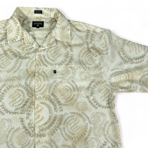 Vintage Rocawear Shirt White Brown Spell Out Polyester Club Button Up Y2K Adult EXTRA LARGE