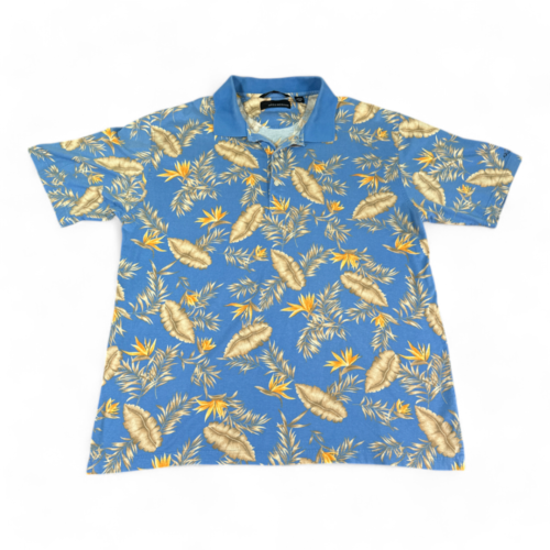 Vintage Greg Norman Polo Shirt Blue Floral Botanical Golf 90s Adult EXTRA LARGE