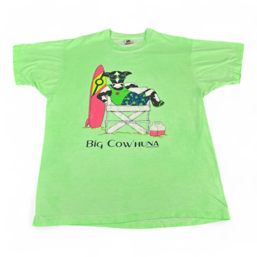 Vintage Cow Shirt Green Big Cowhuna Kahuna Beach Lifeguard Surfer 90s Adult EXTRA LARGE
