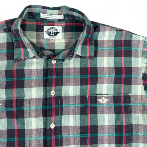 Vintage Dockers Shirt Green Black Plaid Button Up 80s Adult LARGE