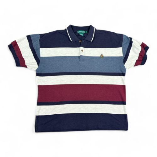 Vintage Knights of Round Table Polo Shirt White Blue Striped Crest 90s Adult MEDIUM