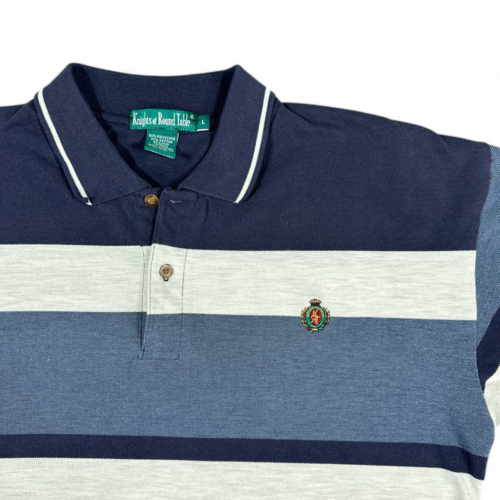 Vintage Knights of Round Table Polo Shirt White Blue Striped Crest 90s Adult MEDIUM