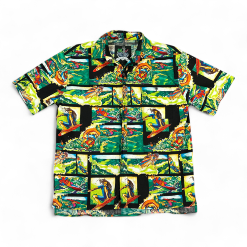 Nicole Miller Hawaiian Shirt Green Black Surfing Water Sports Womens EXTRA LARGE