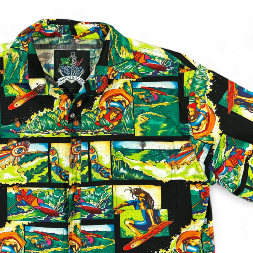 Nicole Miller Hawaiian Shirt Green Black Surfing Water Sports Womens EXTRA LARGE