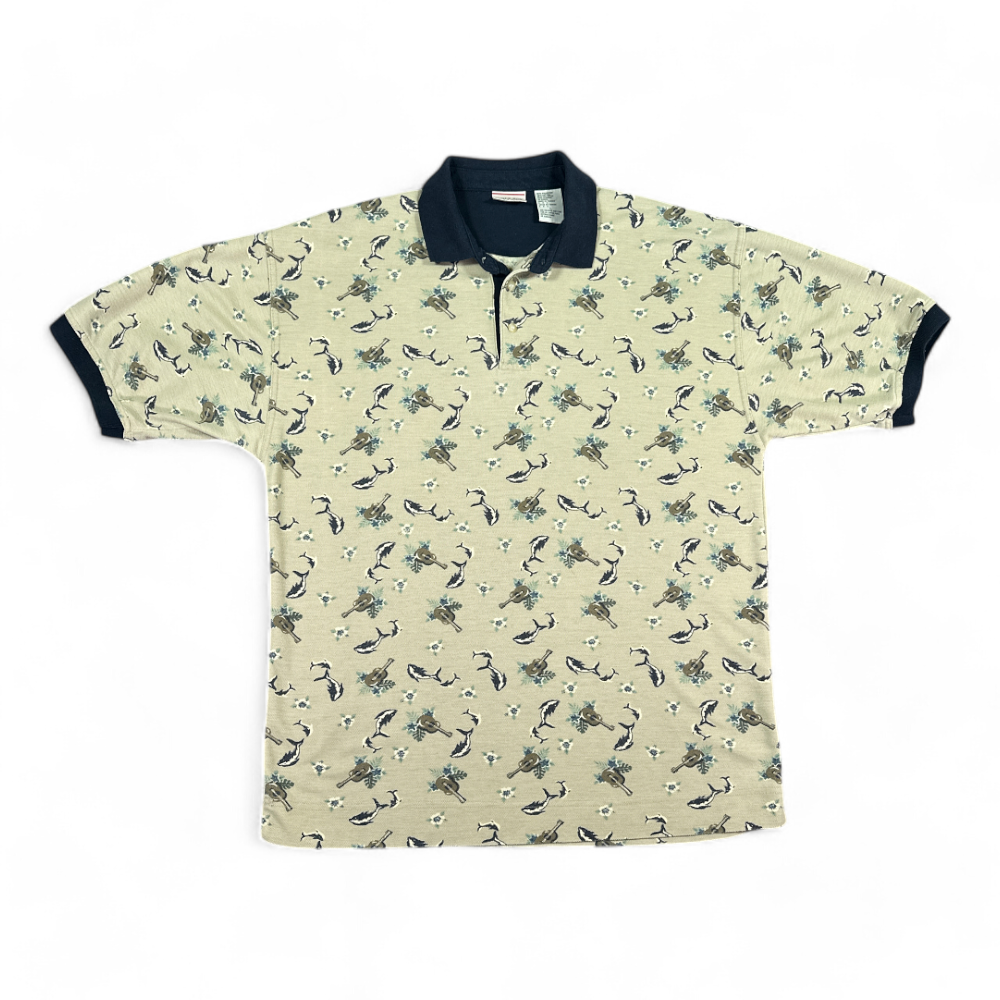 Vintage Bugle Boy Polo Shirt Brown Floral Dolphins 90s Adult LARGE-1 Vintage Bugle Boy Polo Shirt Brown Floral Dolphins 90s Adult LARGE