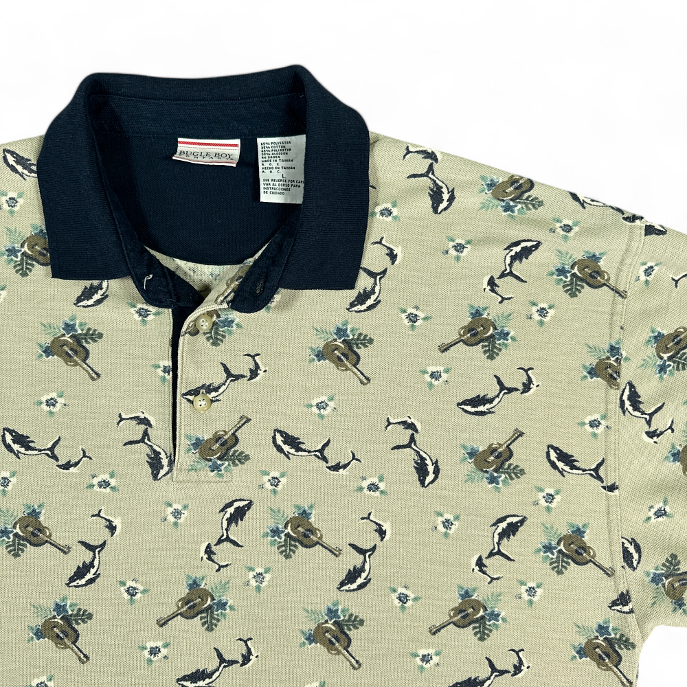 Vintage Bugle Boy Polo Shirt Brown Floral Dolphins 90s Adult LARGE-2 Vintage Bugle Boy Polo Shirt Brown Floral Dolphins 90s Adult LARGE
