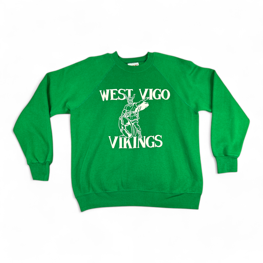 Vintage High School Sweater Green West Vigo Vikings Indiana Sweatshirt Pullover 80s Adult LARGE