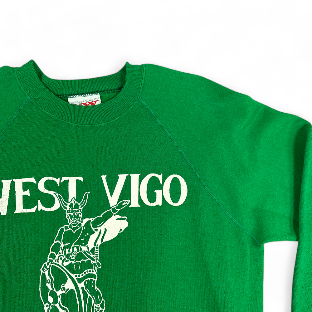 Vintage High School Sweater Green West Vigo Vikings Indiana Sweatshirt Pullover 80s Adult LARGE