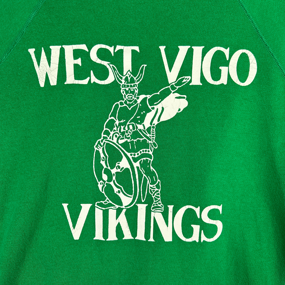 Vintage High School Sweater Green West Vigo Vikings Indiana Sweatshirt Pullover 80s Adult LARGE