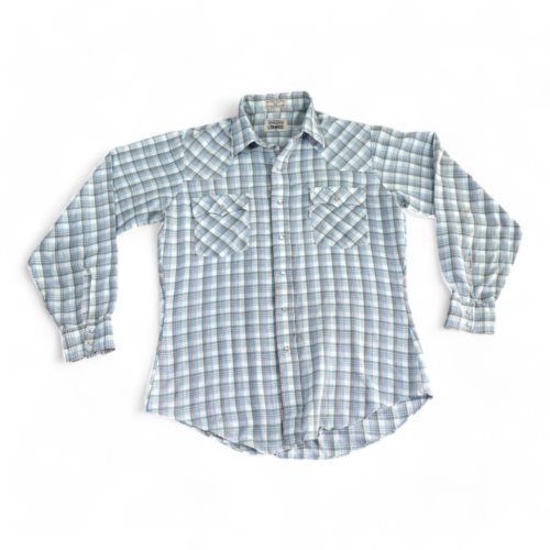 Vintage Levis Western Shirt Blue Plaid Pearl Snap Long Sleeve 80s Adult MEDIUM