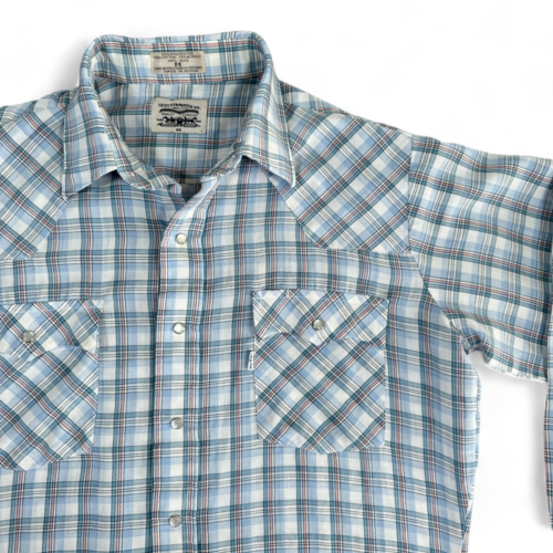 Vintage Levis Western Shirt Blue Plaid Pearl Snap Long Sleeve 80s Adult MEDIUM