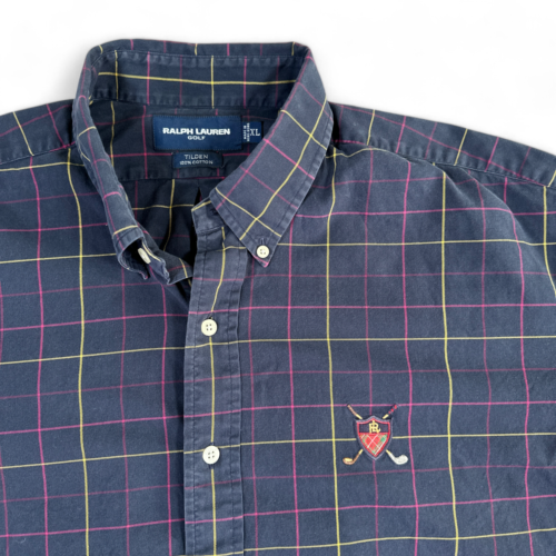 Vintage Ralph Lauren Golf Shirt Blue Plaid Crest Tilden 90s Adult EXTRA LARGE