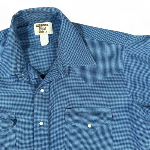 Vintage Ruddock Western Shirt Blue Houndstooth 80s Pearl Snap Adult LARGE