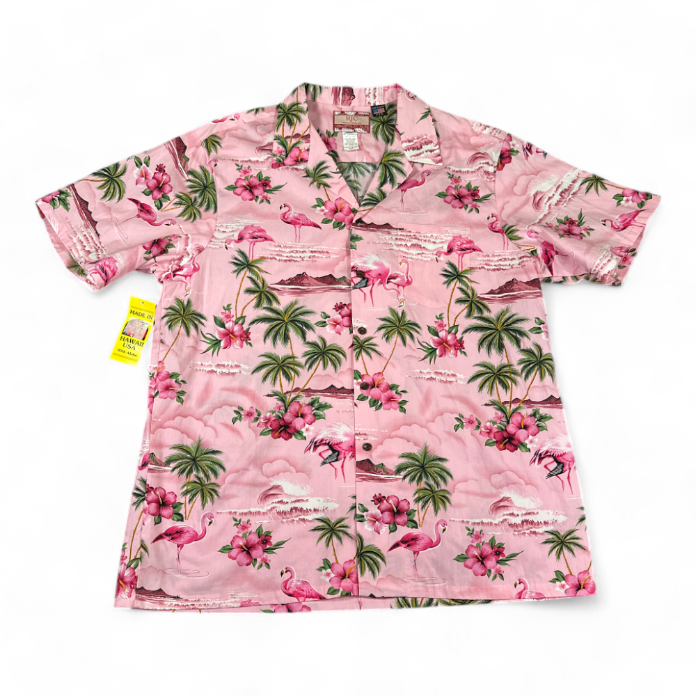 RJC Hawaiian Shirt Pink Green Flamingo Hibiscus Palms USA Made Adult XXL 2XL