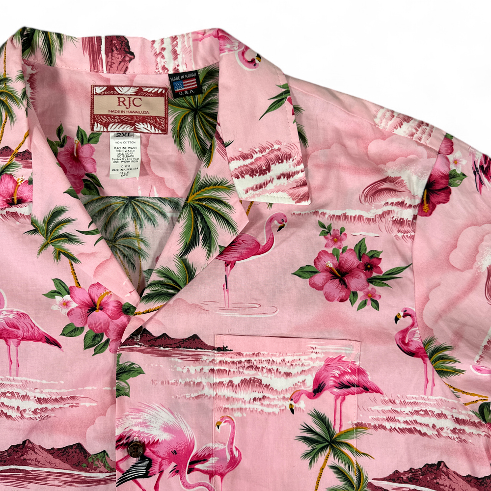 RJC Hawaiian Shirt Pink Green Flamingo Hibiscus Palms USA Made Adult XXL 2XL