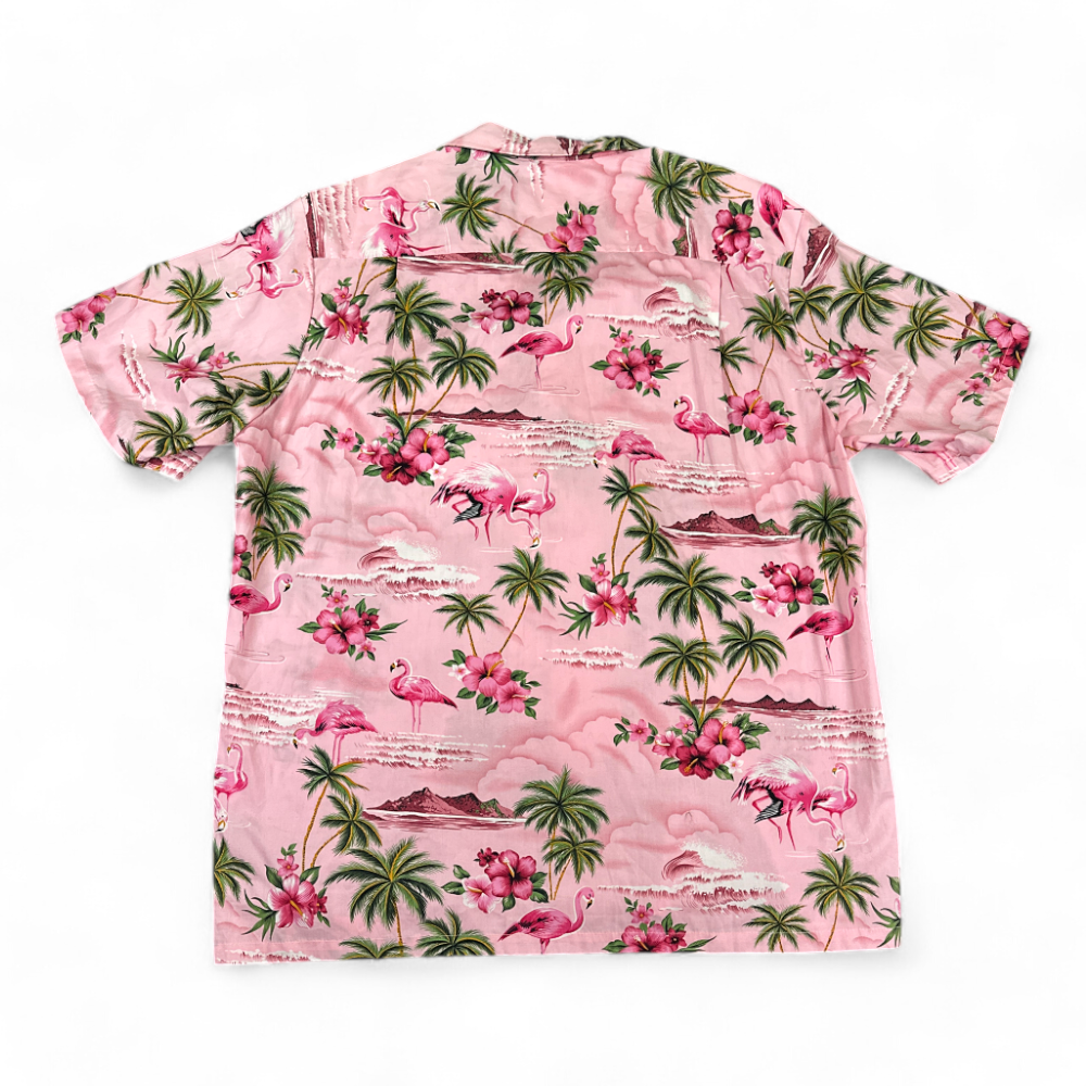 RJC Hawaiian Shirt Pink Green Flamingo Hibiscus Palms USA Made Adult XXL 2XL