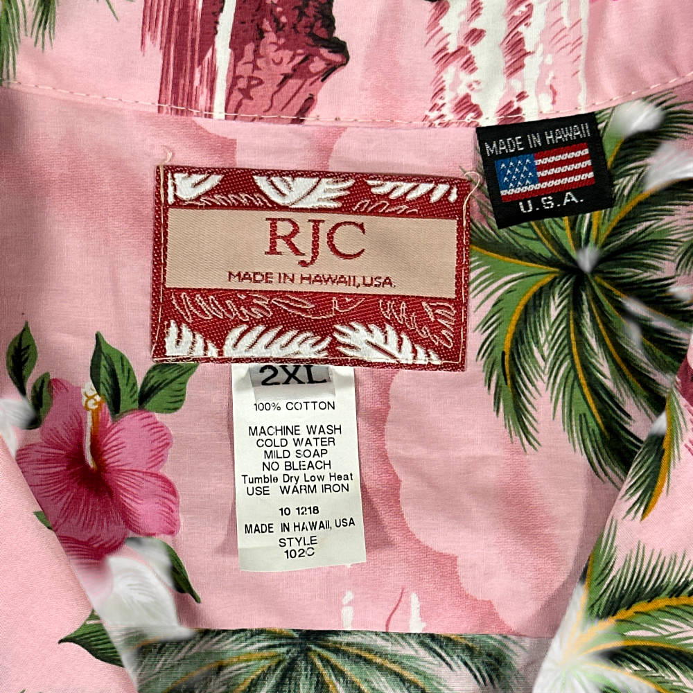 RJC Hawaiian Shirt Pink Green Flamingo Hibiscus Palms USA Made Adult XXL 2XL