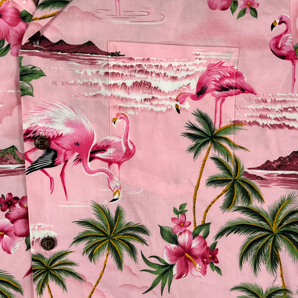 RJC Hawaiian Shirt Pink Green Flamingo Hibiscus Palms USA Made Adult XXL 2XL