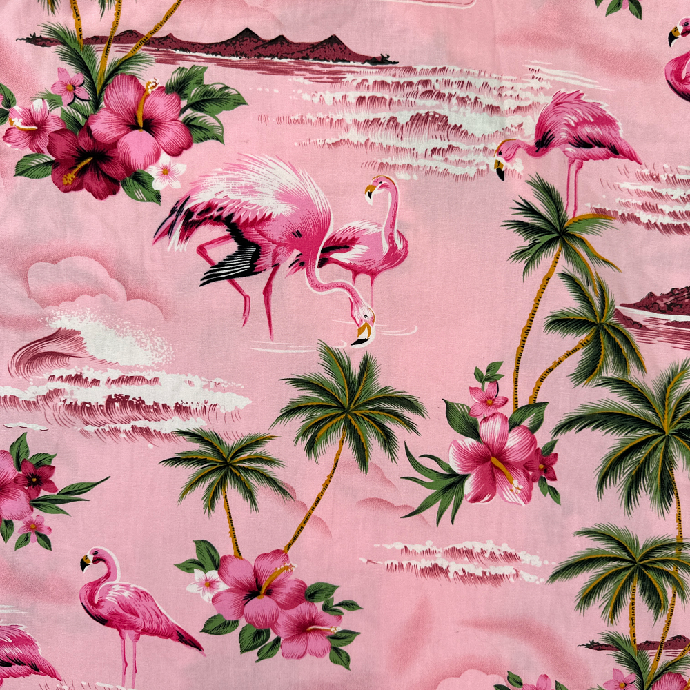 RJC Hawaiian Shirt Pink Green Flamingo Hibiscus Palms USA Made Adult XXL 2XL