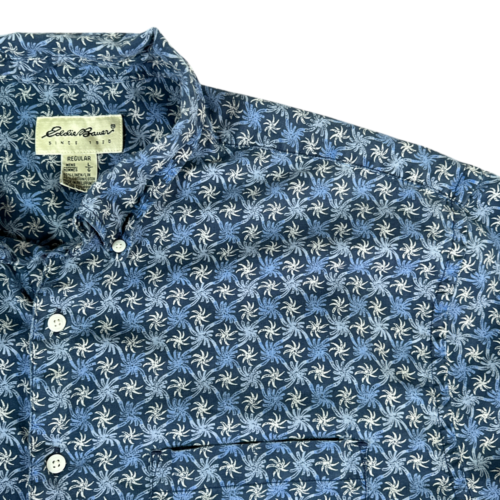 Vintage Eddie Bauer Shirt Blue Linen Blend Pinwheel Allover Oversized Adult LARGE