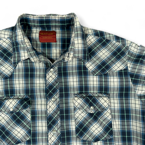 Vintage Rustler Western Shirt Green Blue Plaid Extra Long Tails 90s Adult EXTRA LARGE