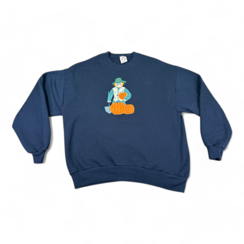 Vintage Halloween Sweater Blue Skeleton Scarecrow Scary Creepy 90s Adult LARGE