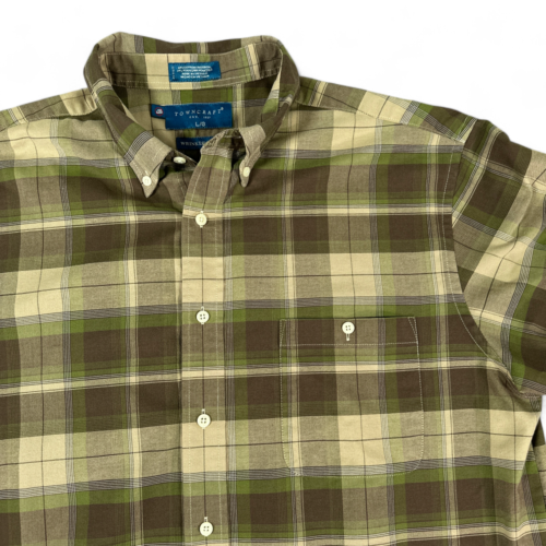 Vintage Towncraft Shirt Brown Green Plaid Military Camo Colors 90s Adult LARGE
