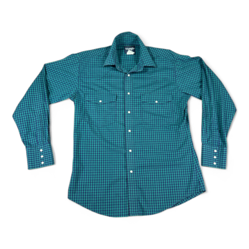 Vintage Wrangler Western Shirt Green Blue Black Watch Plaid Pearl Snap 90s Adult LARGE