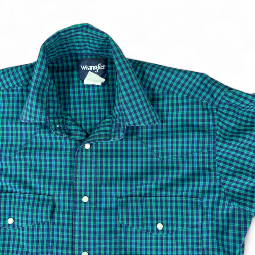 Vintage Wrangler Western Shirt Green Blue Black Watch Plaid Pearl Snap 90s Adult LARGE
