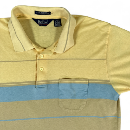 Vintage Par Four Polo Shirt Brown Blue Orange Stripes Inlay Pocket 80s Adult MEDIUM
