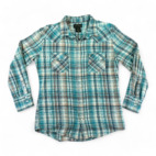 Vintage High Noon Western Shirt Blue Brown Plaid Flannel Pearl Snap Adult MEDIUM