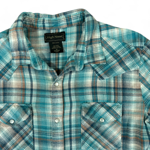 Vintage High Noon Western Shirt Blue Brown Plaid Flannel Pearl Snap Adult MEDIUM