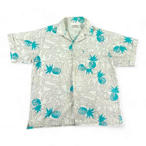 Vintage Hawaiian Shirt White Turquoise Abstract Pineapple 80s Adult LARGE