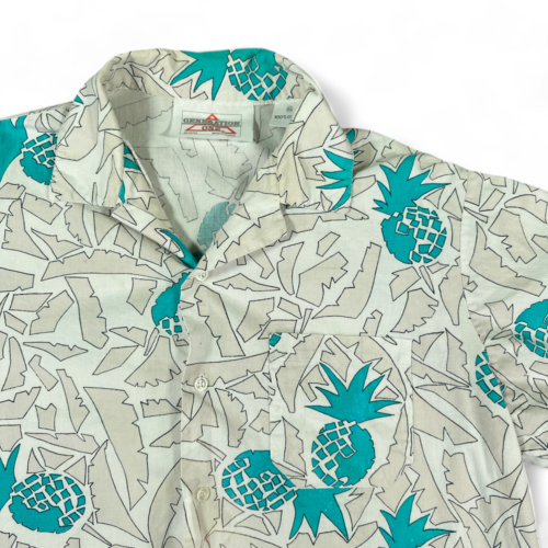 Vintage Hawaiian Shirt White Turquoise Abstract Pineapple 80s Adult LARGE