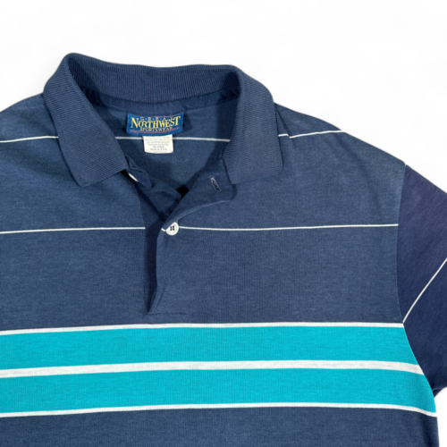 Vintage Striped Polo Shirt Blue Aqua White Stripes Inlay Great Northwest 90s Adult SMALL