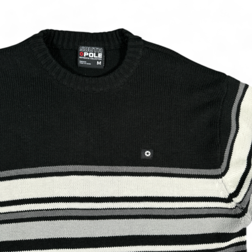 Vintage Southpole Sweater Black White Gray Striped Inlay Ribbed Y2K Adult MEDIUM