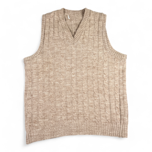Vintage Sweater Vest Brown Tan Cable Knit V Neck 80s Adult LARGE