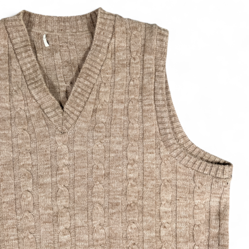 Vintage Sweater Vest Brown Tan Cable Knit V Neck 80s Adult LARGE