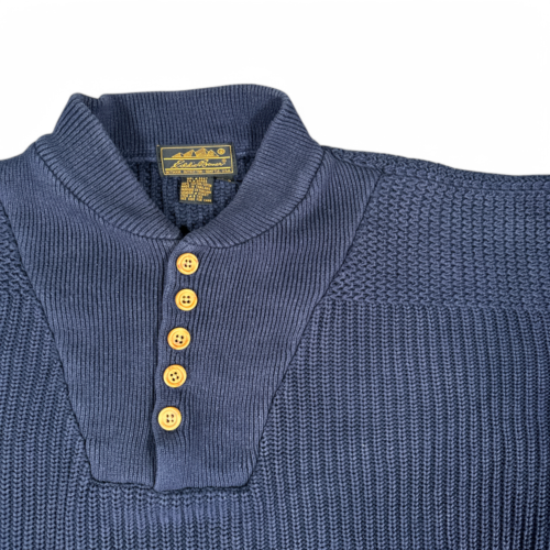 Vintage Eddie Bauer Sweater Blue Henley Mock Neck Oversize 90s Adult LARGE